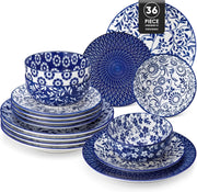 36pc Porcelain Dinnerware Set Blue White Plates Bowls Dishwasher Safe