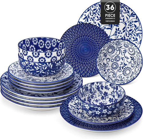 36pc Porcelain Dinnerware Set Blue White Plates Bowls Dishwasher Safe