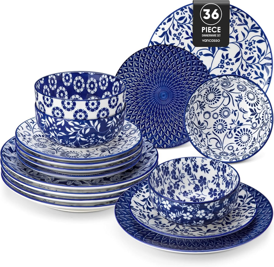 36pc Porcelain Dinnerware Set Blue White Plates Bowls Dishwasher Safe