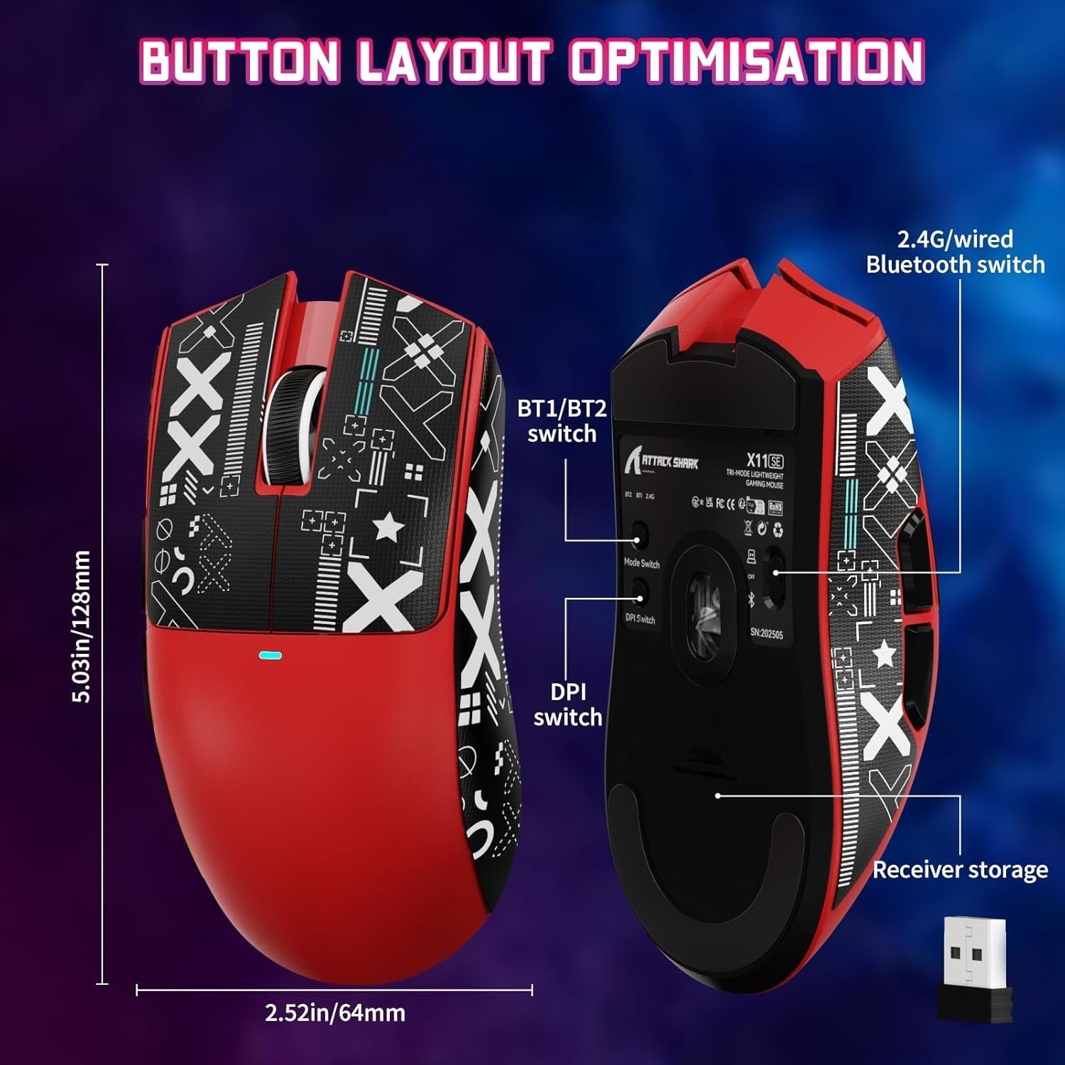 Wireless Gaming Mouse 22000 DPI 65H BT 2.4G USB Red Grip