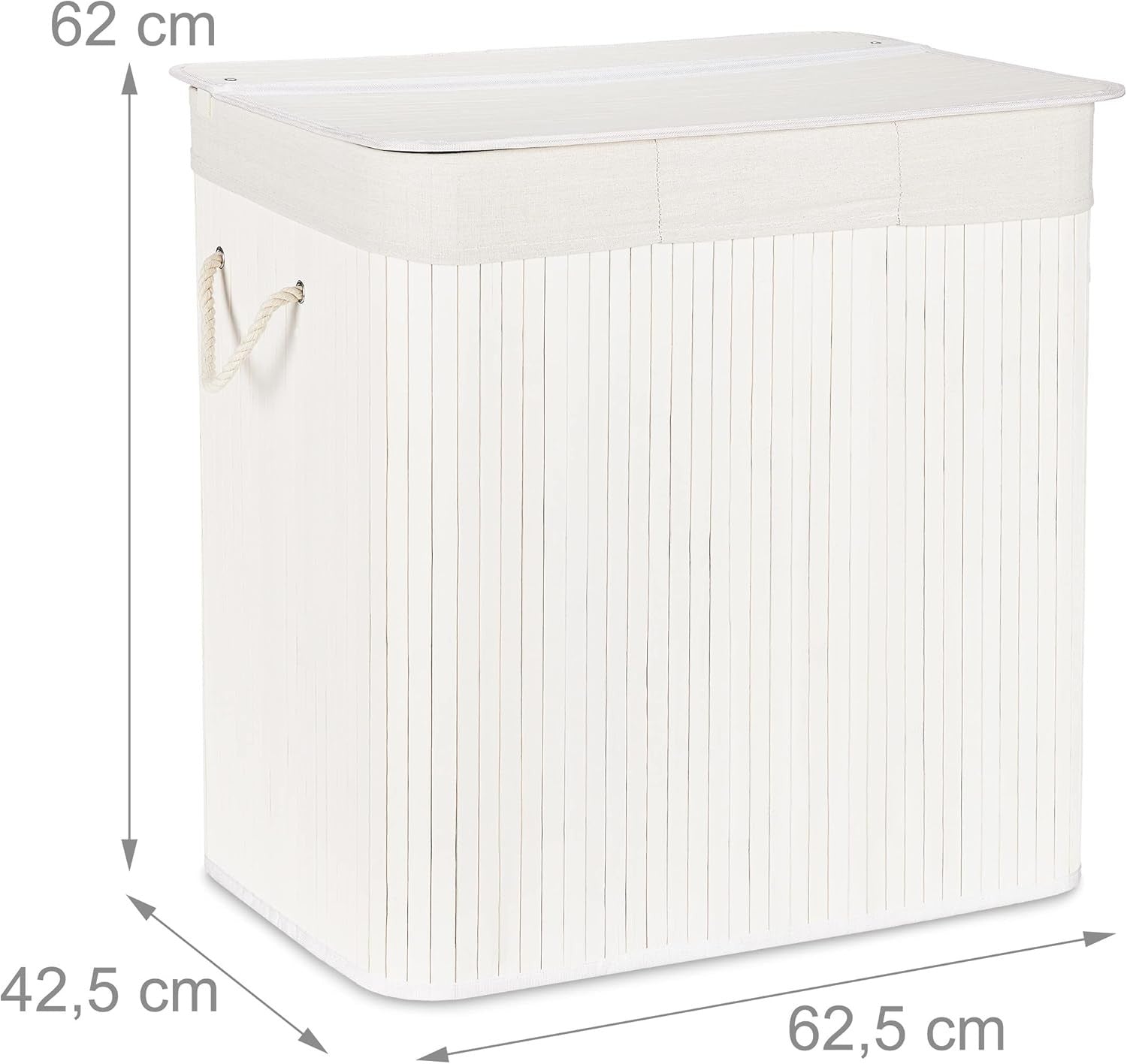 White Bamboo Laundry Basket 3-Compartment Sorter with Lid | Folding 62cm Hamper
