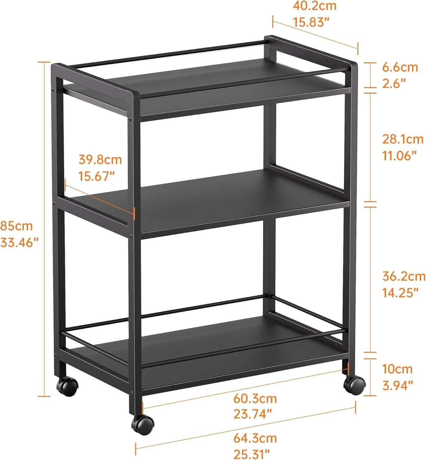 64x40x85cm Black Bar Cart 3 Tier Rolling Drinks Trolley