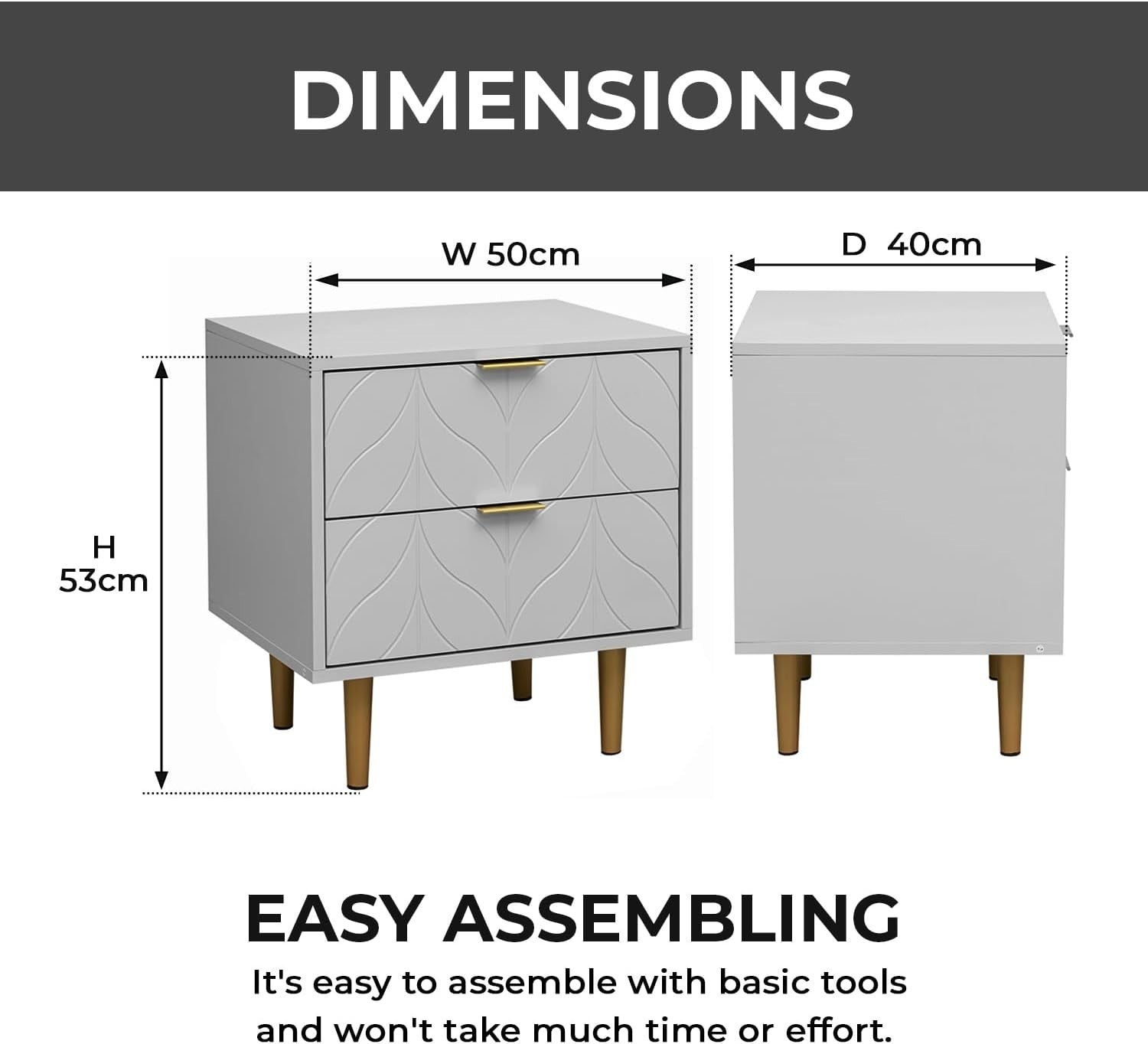 Modern Grey Bedside Table with Bronze Handles | 2 Drawer Nightstand