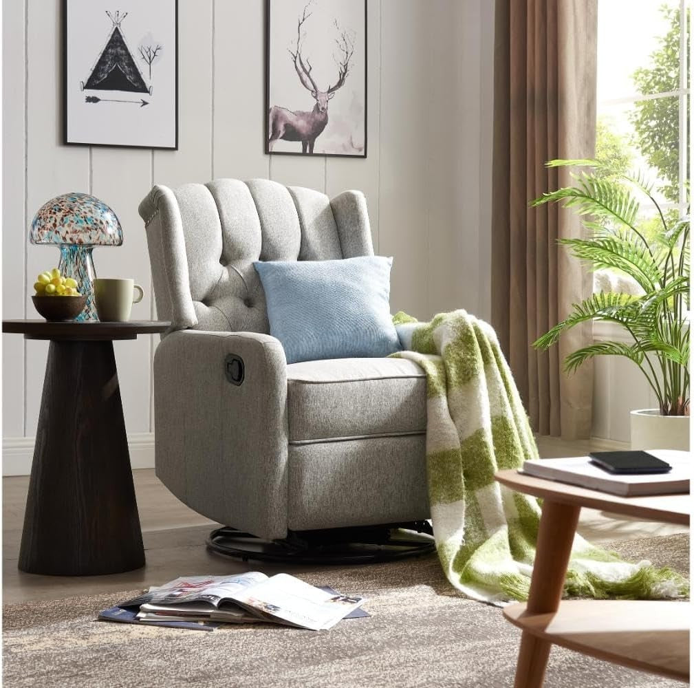 Grey Swivel Recliner Armchair Fabric Wing Back Chair Lounge Relax Seat