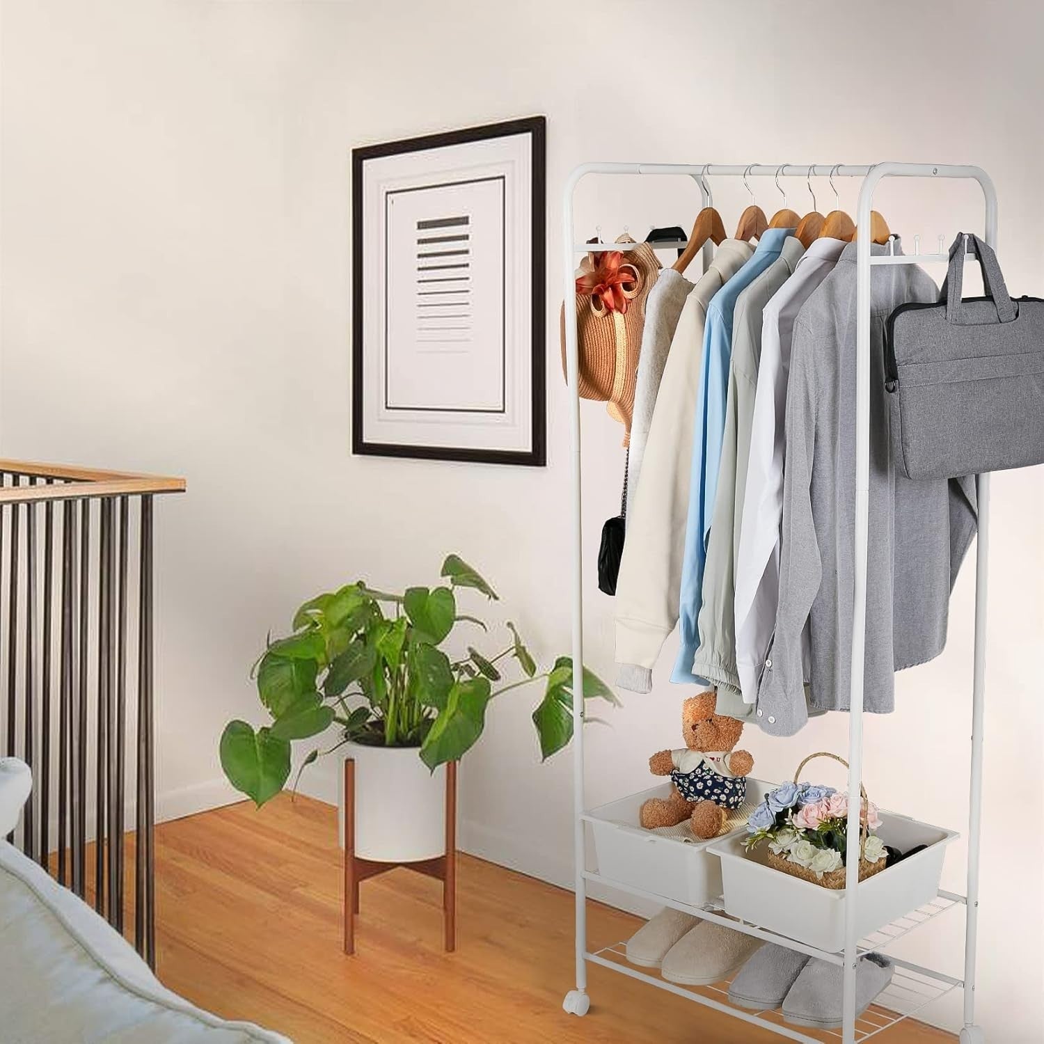 White Metal Clothes Rack with Shelves & Wheels 70x36x152cm