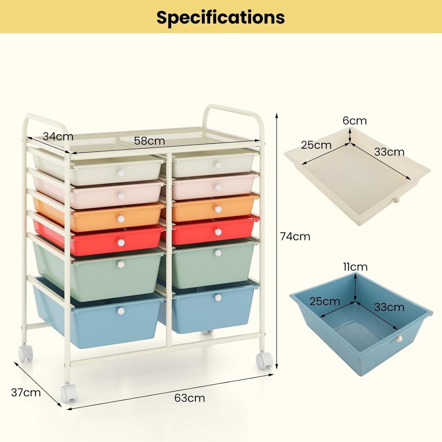 12 Drawer Rolling Storage Cart Colorful Utility Organizer with Wheels