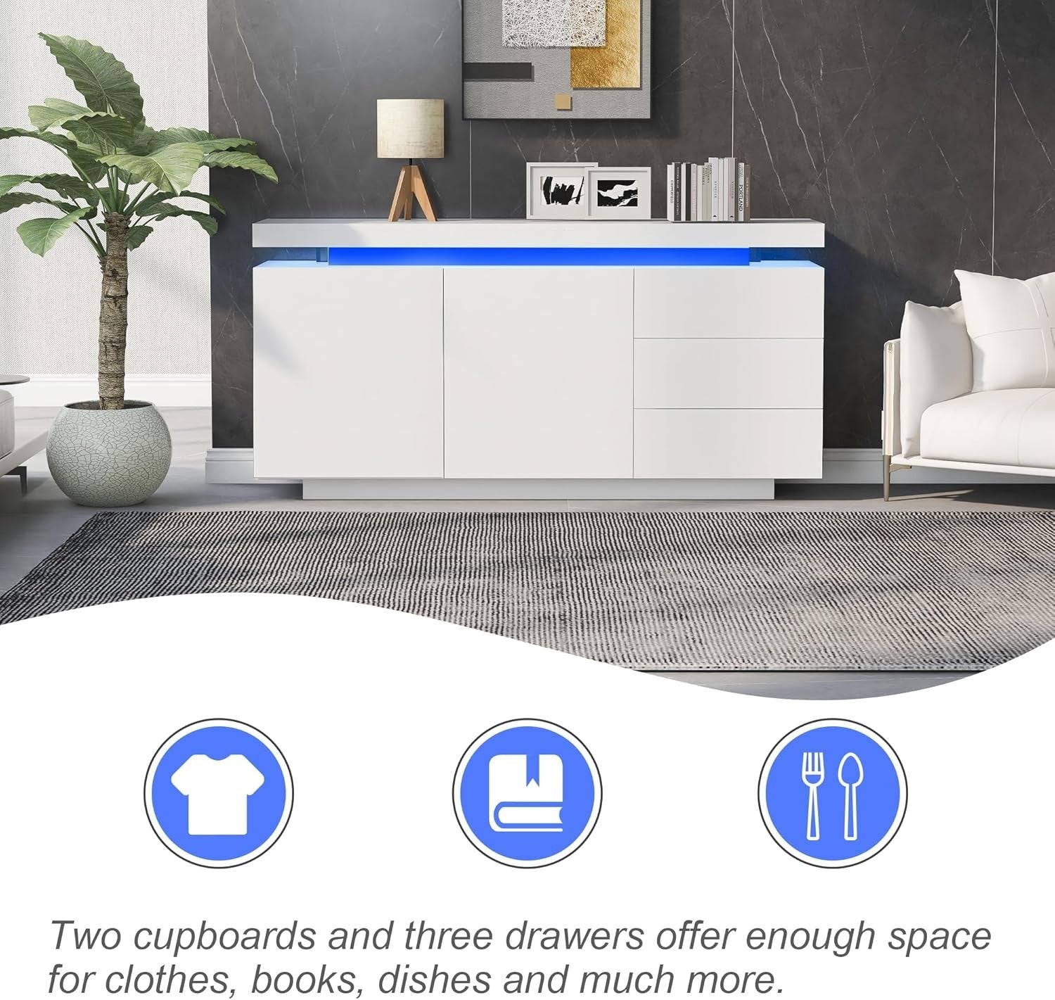 White LED Sideboard Cabinet 2 Door 3 Drawer Gloss Storage Unit Modern