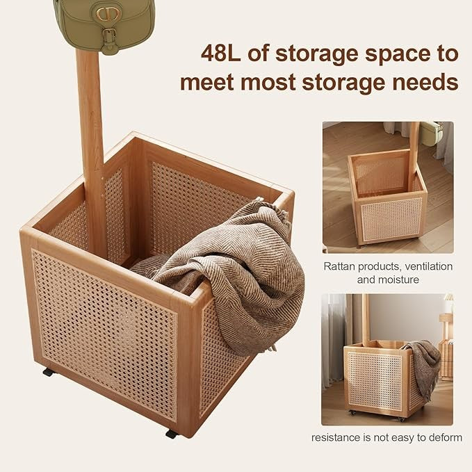Wood Coat Rack with Storage Basket | 5 Hooks Freestanding Hall Tree Stand