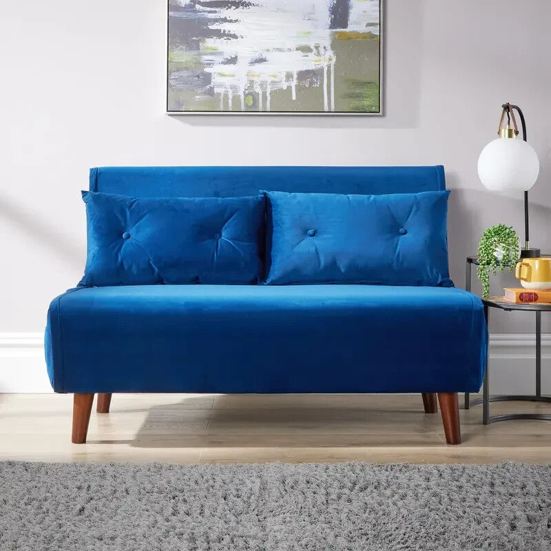 Velvet Double Sofa Bed Blue Folding Chair Sleeper Seat with Pillows