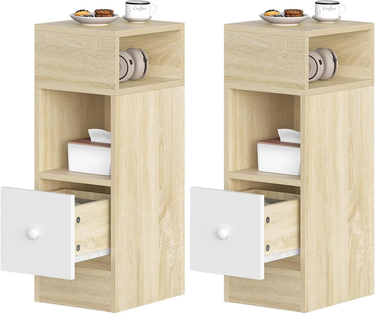 Set of 2 Light Oak Slim Bedside Tables with Drawer & Shelves 25x30x66cm