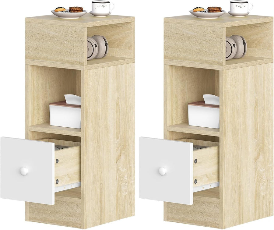 Set of 2 Light Oak Slim Bedside Tables with Drawer & Shelves 25x30x66cm