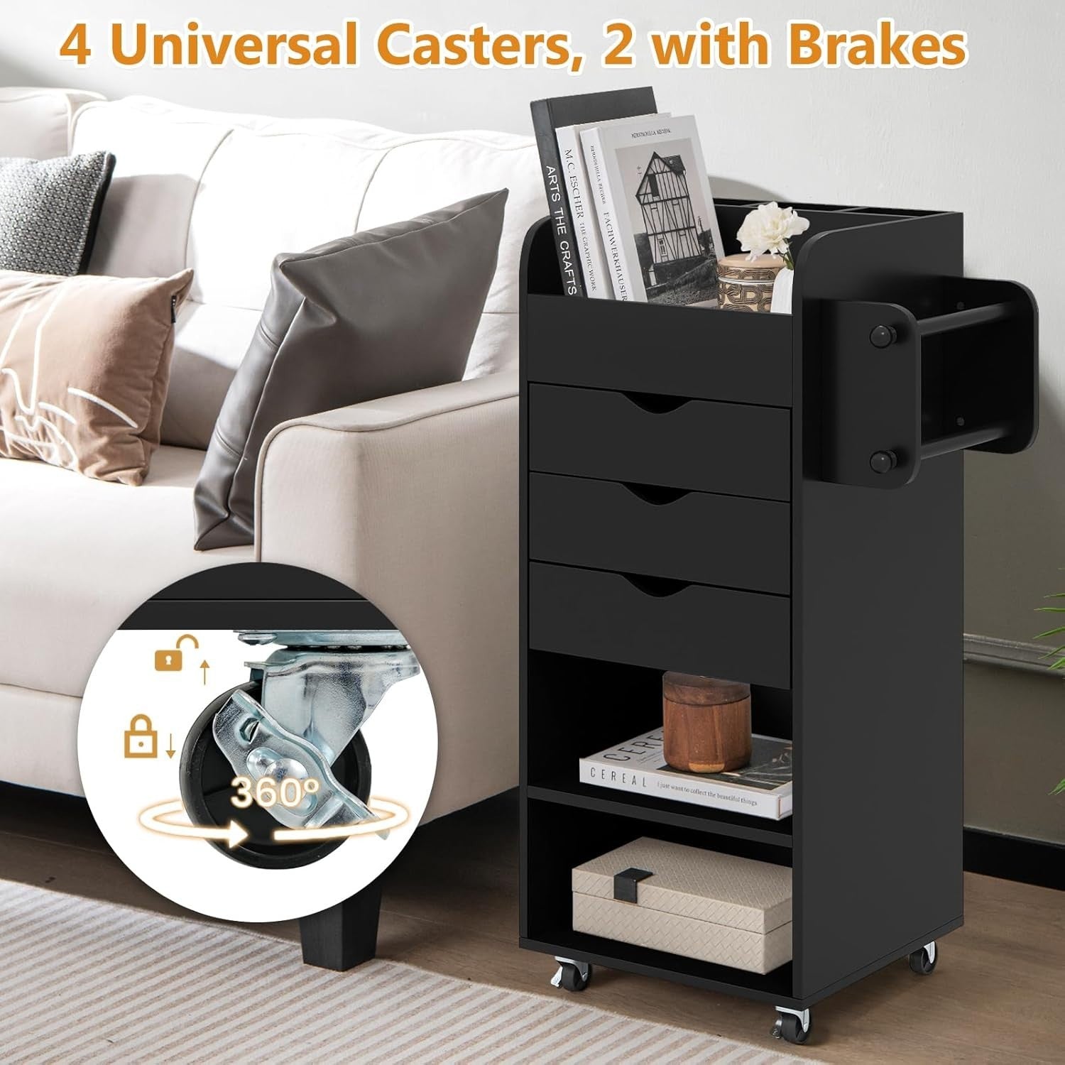 Black Mobile File Cabinet 86cm 3 Drawer Under Desk Storage