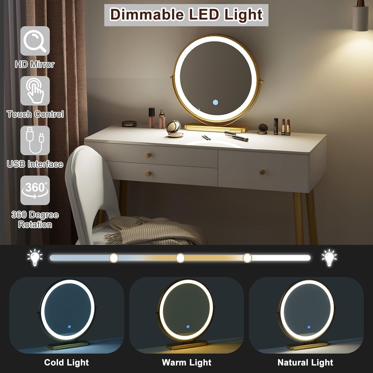 Modern Vanity Makeup Dressing Table Set LED Mirror 3 Drawers Stool White/Gold