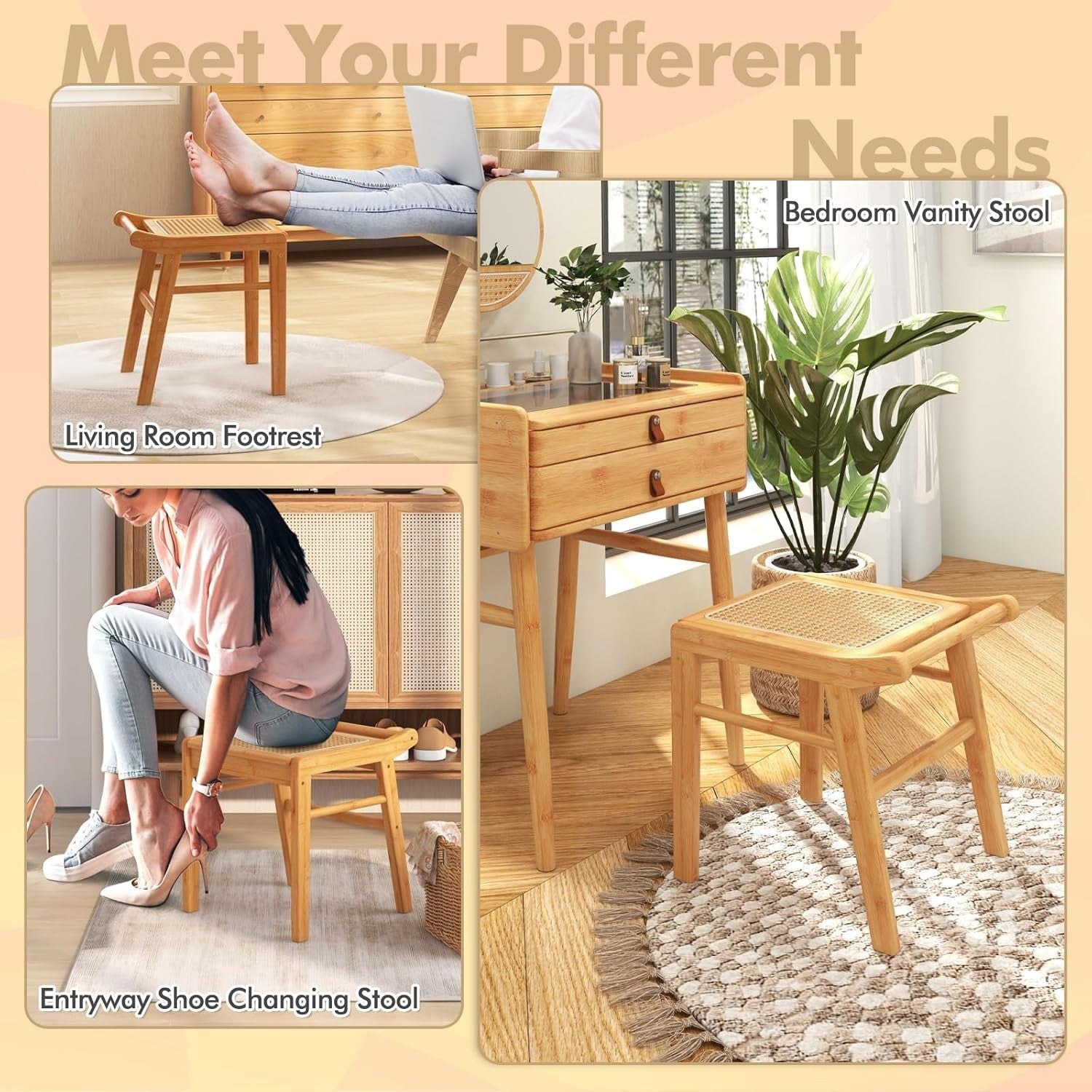 Natural Bamboo Vanity Stool Rattan Top Footrest Dressing Table Seat 38×40×43cm