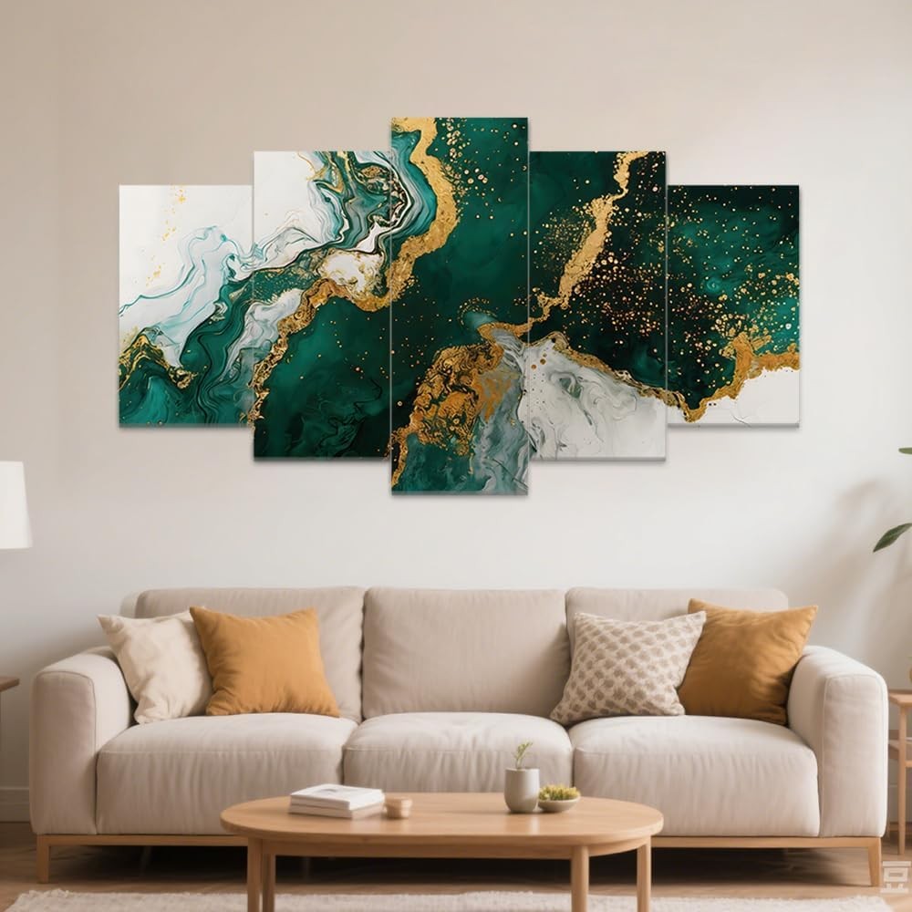 Green Gold Abstract Canvas Wall Art 5 Panel Framed Set