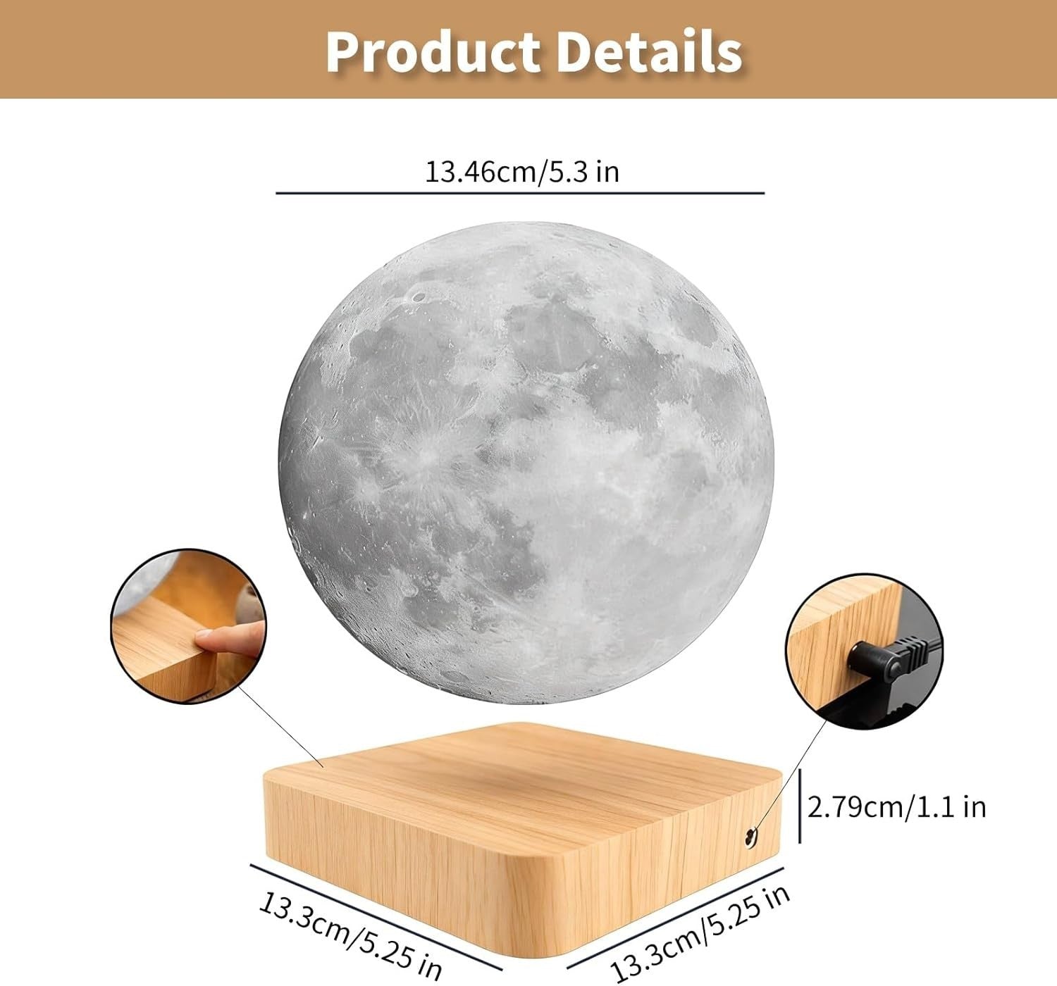 Levitating Moon Lamp 16 Colors, Magnetic Floating 3D LED Night Light Brown