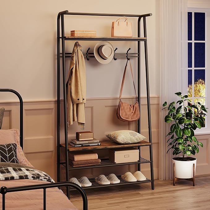 Rustic Brown 4-in-1 Coat Rack with Shoe Storage & 5 Hooks Metal Hall Tree