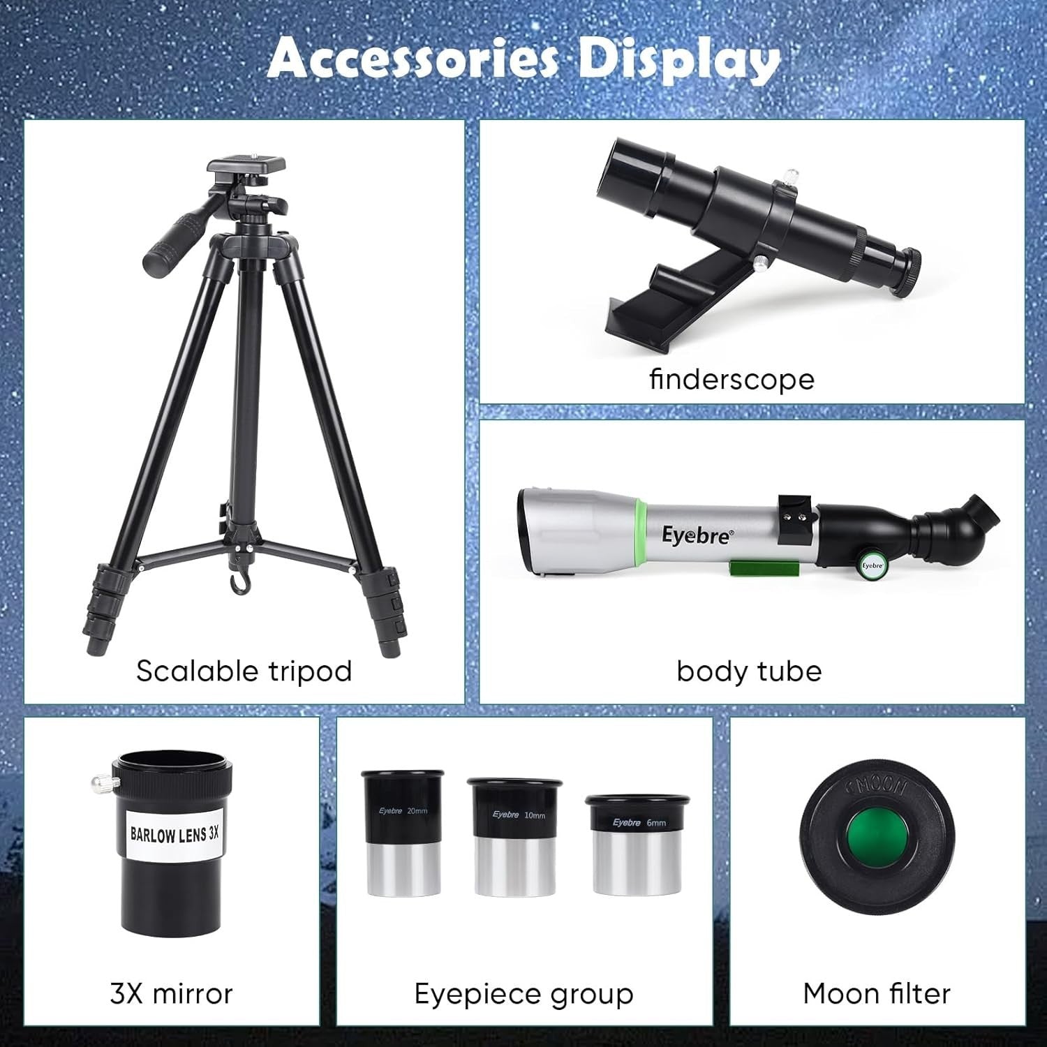 50mm Kids Telescope 20–200X Refractor with Tripod 400mm Portable Silver