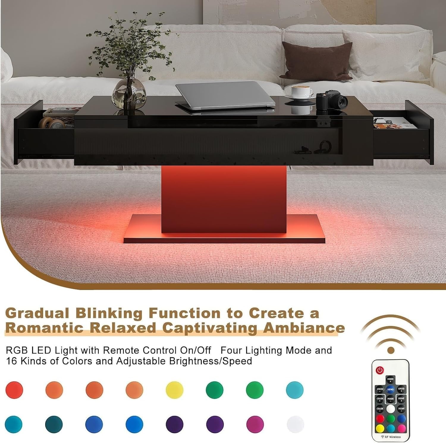 Modern LED Coffee Table with 2 Drawers, High Gloss Black 110x55cm