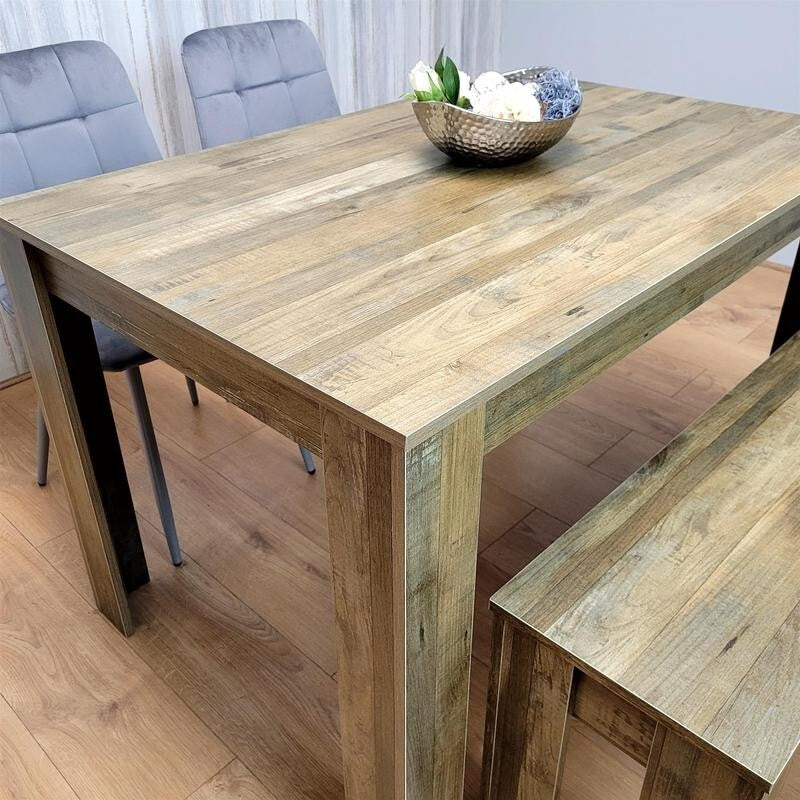 Rustic Dining Table Set with 2 Grey Velvet Chairs & Wooden Bench for 4