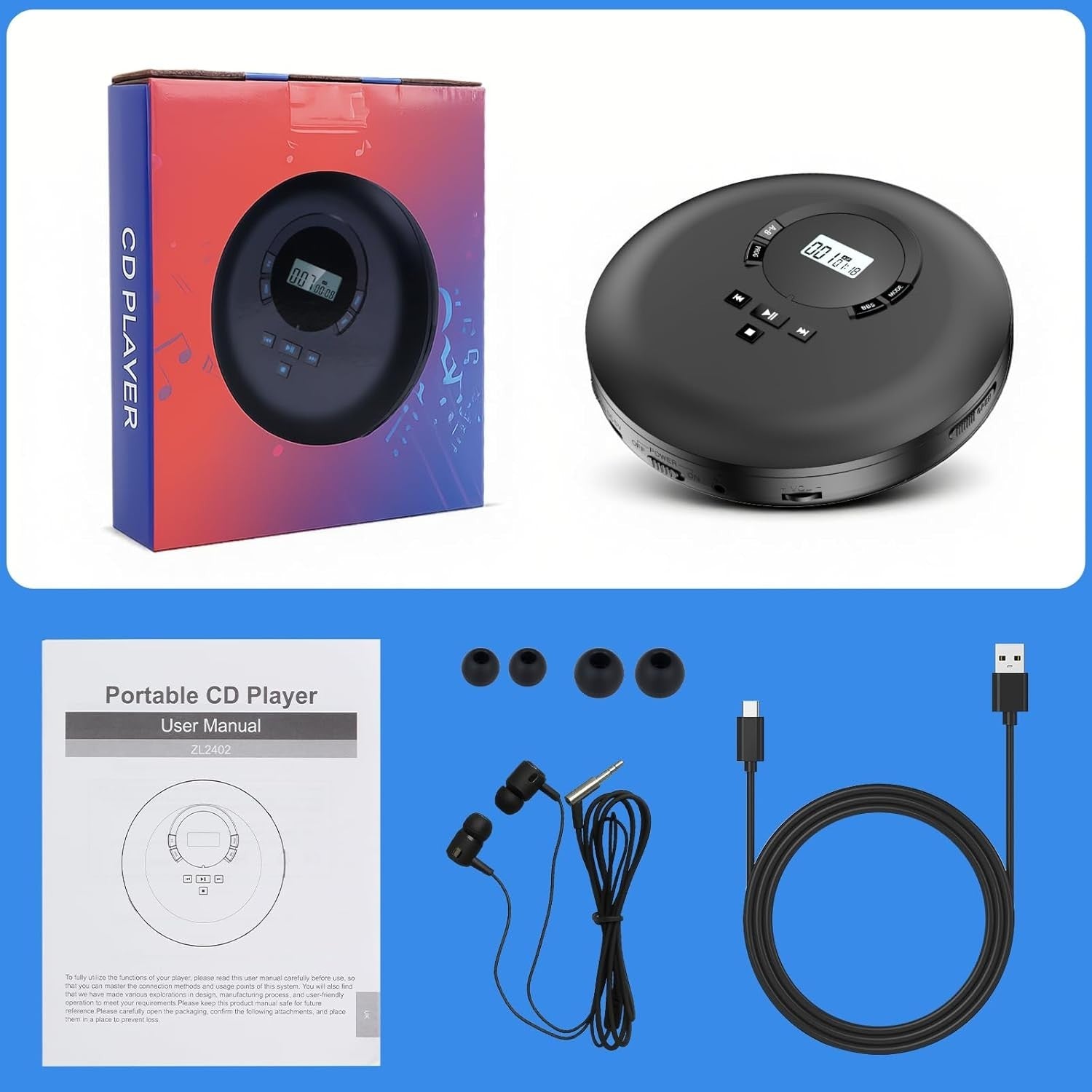 Portable CD Player Anti Skip LCD Earphones AUX PROG Memory Black