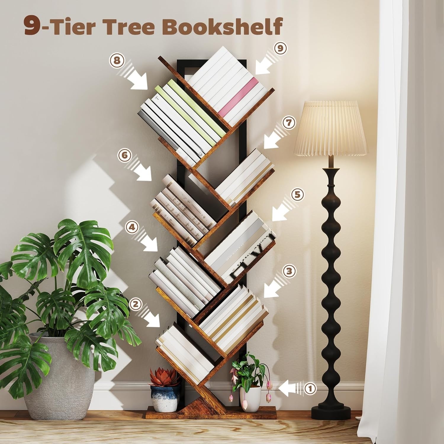 9-Tier Tree Bookshelf Rustic Brown Vertical Bookcase Industrial Space-Saving Uni