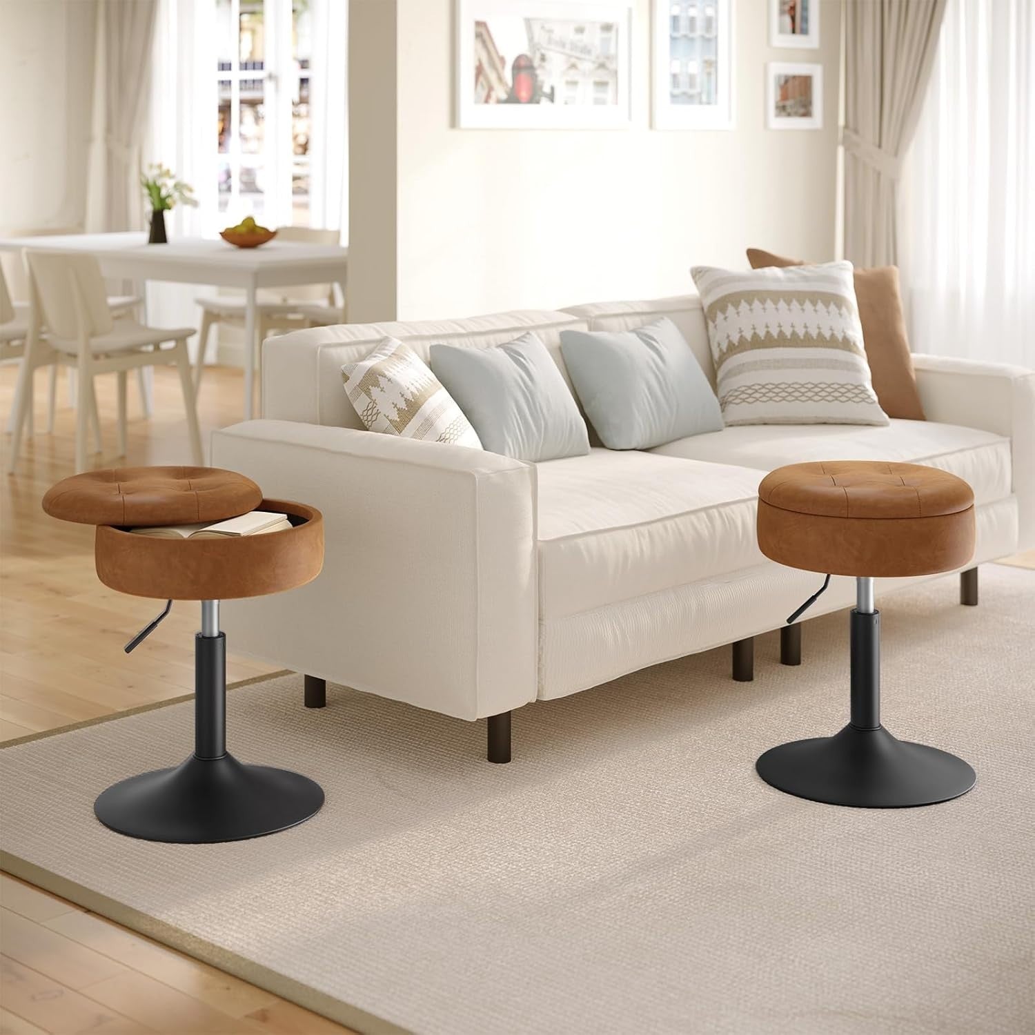 Brown Swivel Vanity Stool with Storage Vintage Faux Leather Adjustable Seat