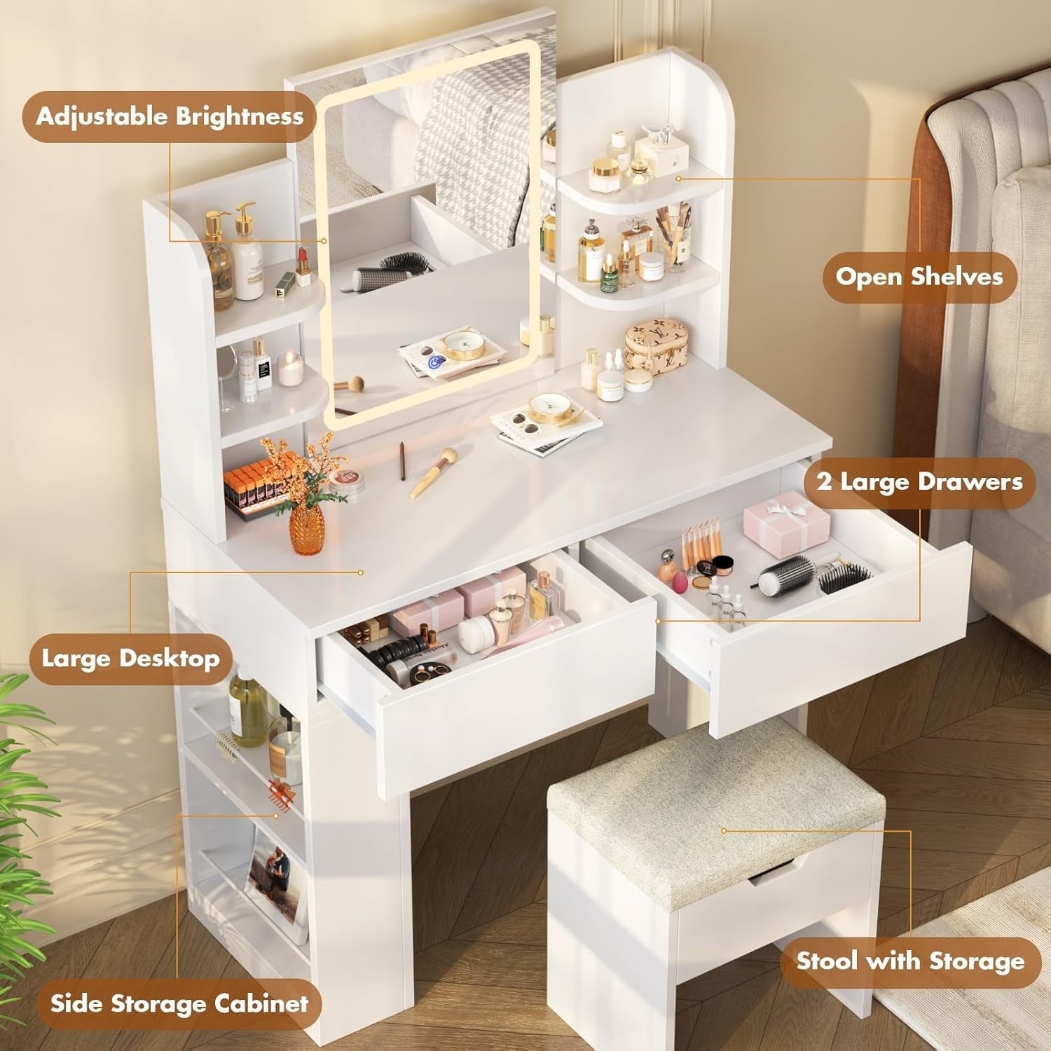 Modern Dressing Table Vanity Mirror LED Lights Makeup Desk Storage Chair White