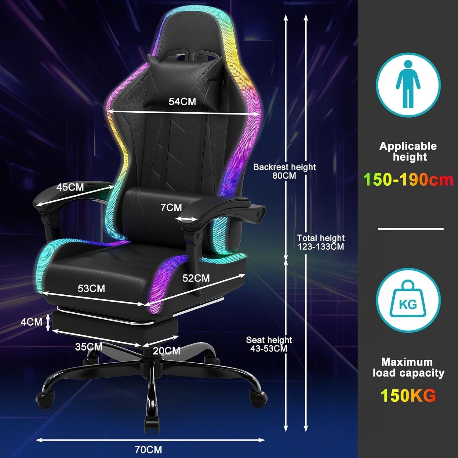 Gaming Chair LED Light RGB Recliner Massage Lumbar Support PU Leather Black