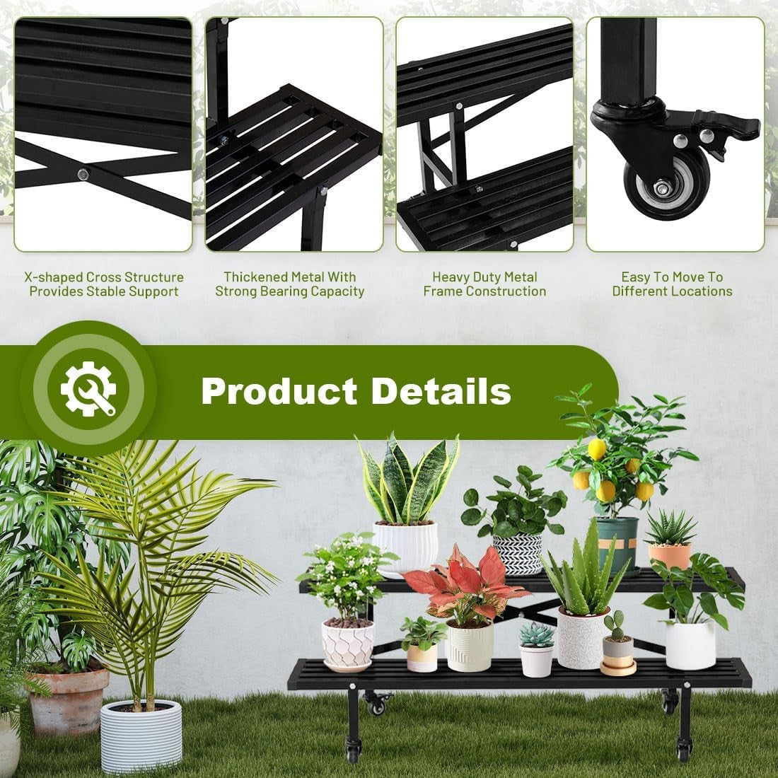 2 Tier Metal Plant Stand with Wheels | Indoor Outdoor Rolling Flower Shelf Rack