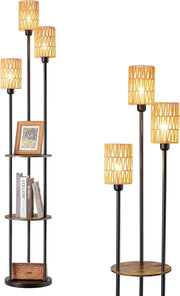 Boho Floor Lamp with Shelves 3 Light Rattan Standing Lamp LED E27