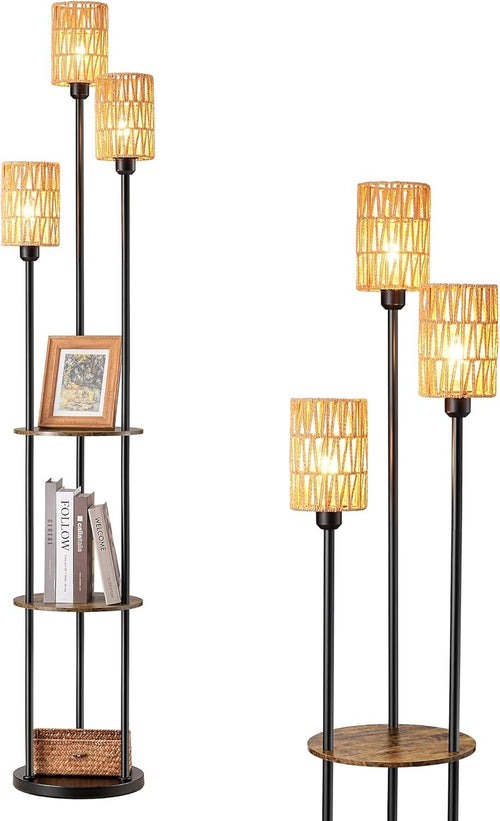 Boho Floor Lamp with Shelves 3 Light Rattan Standing Lamp LED E27