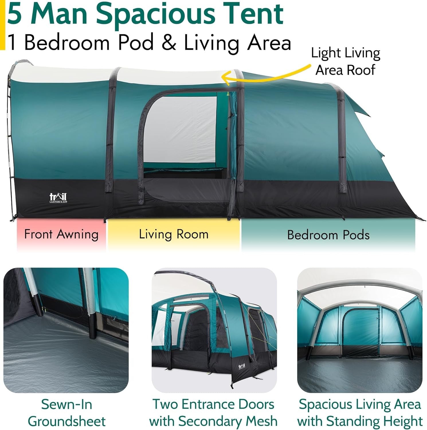 5 Man Inflatable Air Tent 5000mm Waterproof Family Camping Tunnel