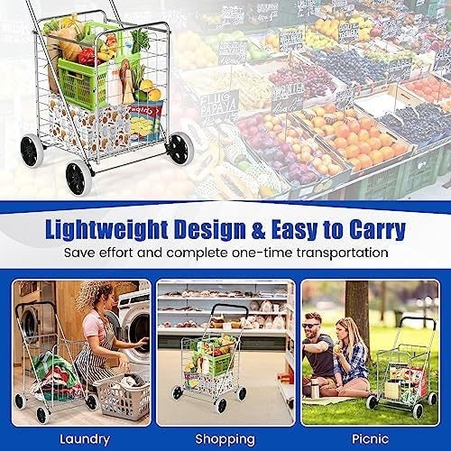 83L Folding Shopping Cart Metal Grocery Trolley Wheels Non-Slip Handle Silver