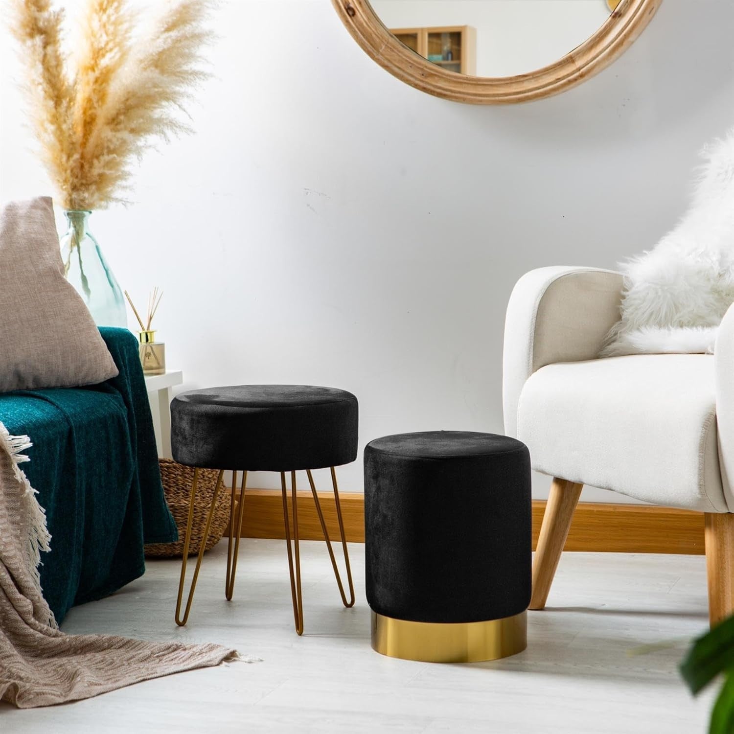 Black Velvet Round Footstool with Golden Legs – Modern Compact Vanity Seat