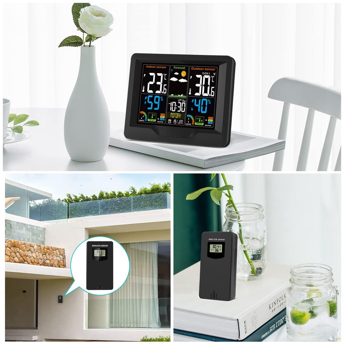 Black Wireless Weather Station Outdoor Sensor LCD Forecast Temp Humidity