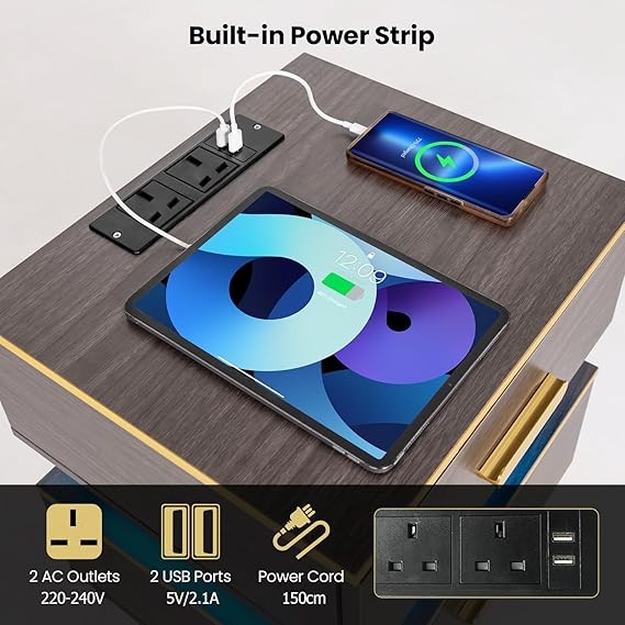 Smart LED Bedside Table with Charging Station | 2-Drawer Nightstand Grey Wood