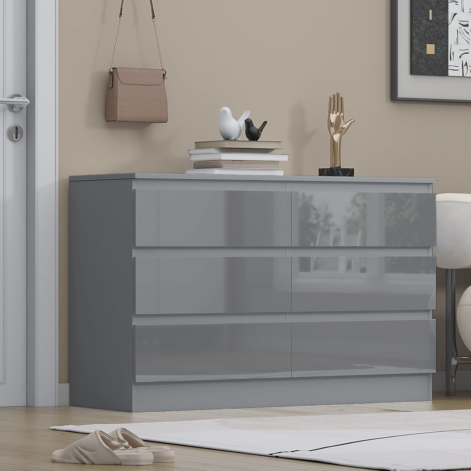 Grey Gloss 6 Drawer Chest Bedroom Dresser Storage Unit Wide Modern Design