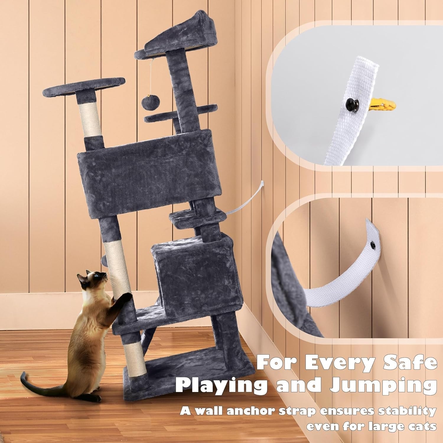 Large Cat Tree 138.5cm Multi Level Scratching Tower Condo Dark Grey