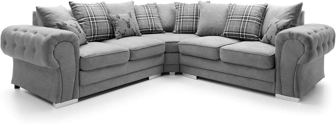 Grey L Shape Corner Sofa 5 Seater with Luxury Foam Cushions & Chrome Legs