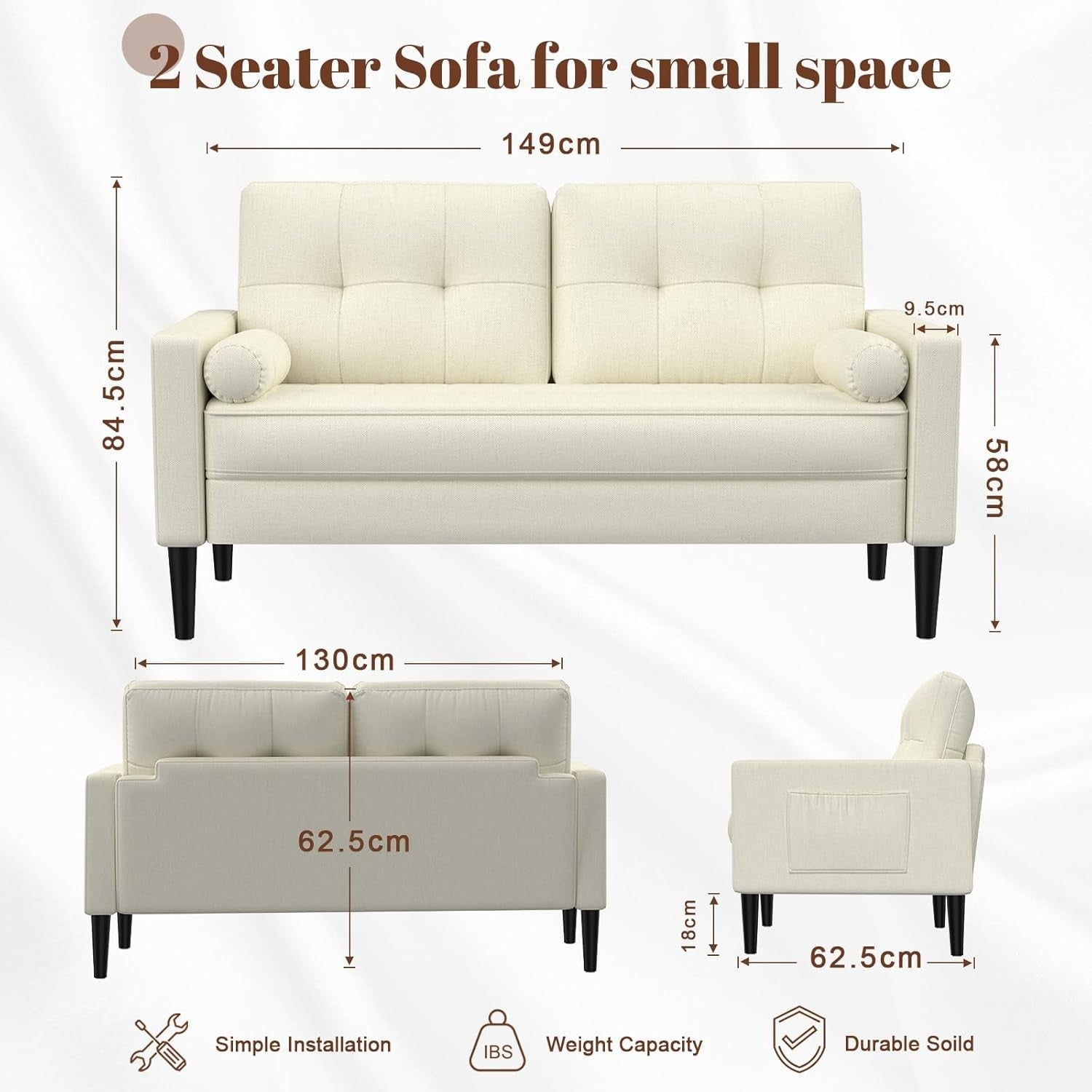 2 Seater Sofa Bed Beige | Comfy Small Couch for Lounge, Flat, Bedroom