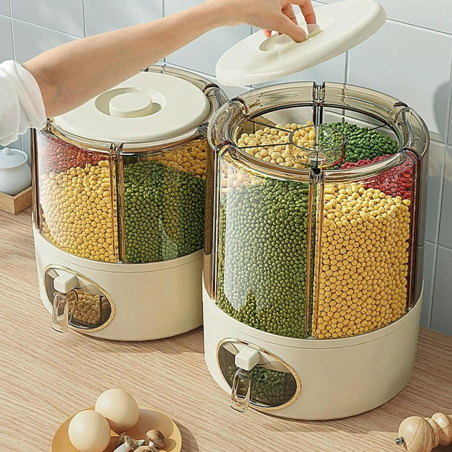 360° Rotating Grain Storage Container 6 Compartment Rice Dispenser
