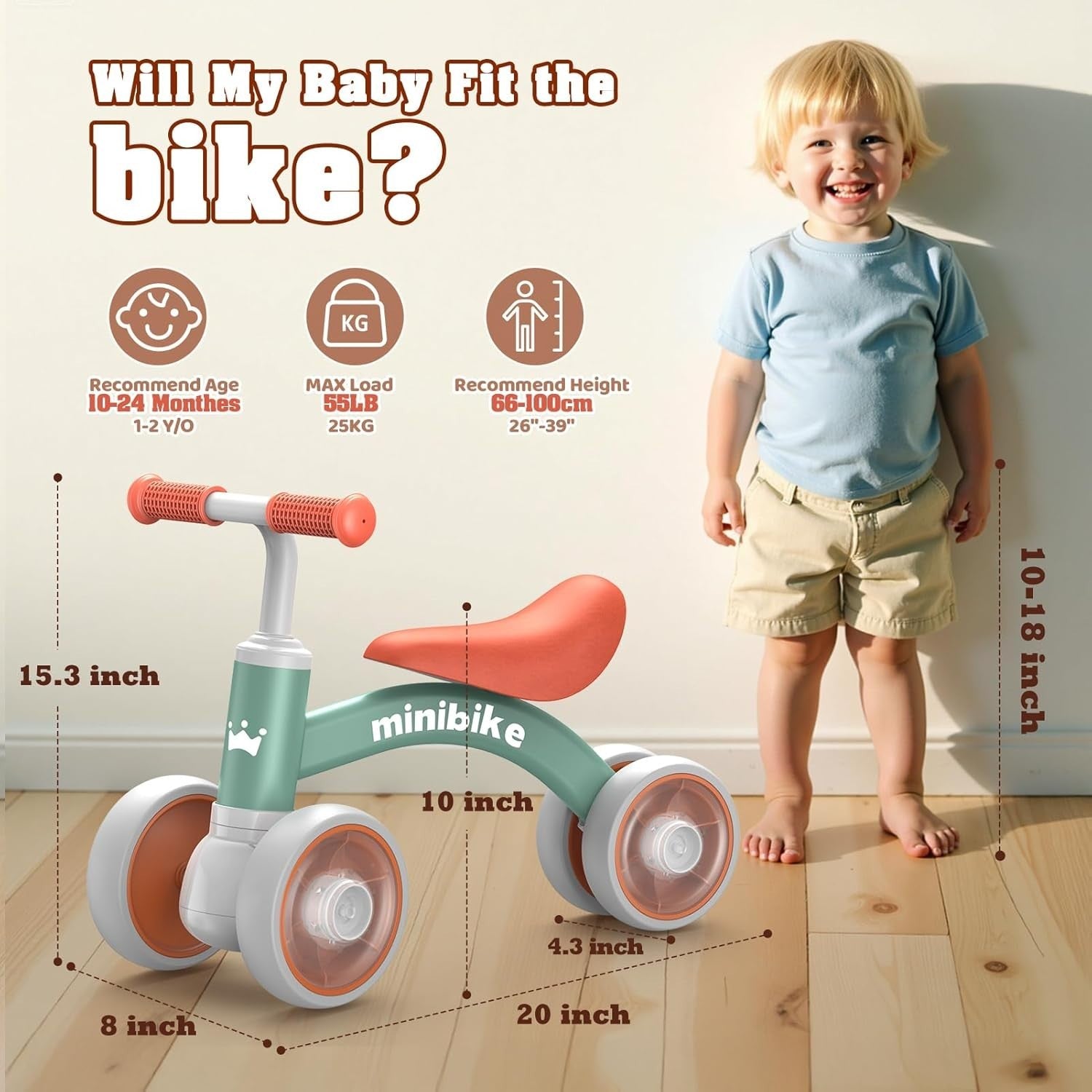 Baby Balance Bike LED Light Wheels Ride On Toy Boys Age 1-3 Years