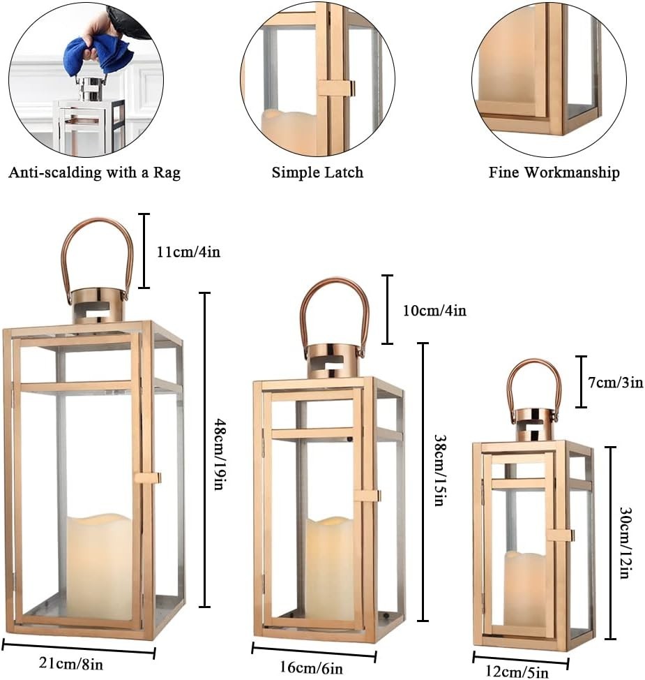 3 Pack Rose Gold Stainless Steel Candle Lanterns Indoor Outdoor Decor