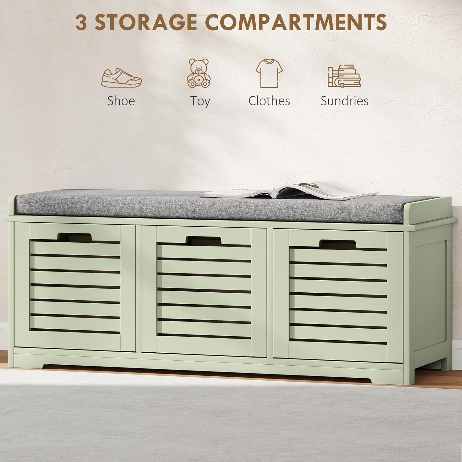 Space-Saving Shoe Storage Bench with 3 Drawers & Cushioned Seat – Green