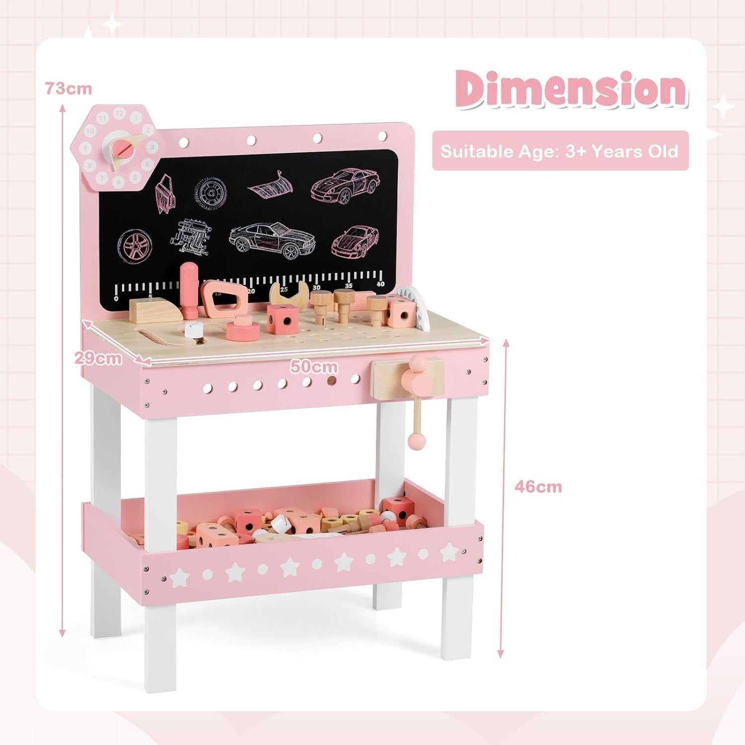 Pink Wooden Kids Workbench Tool Set 75pcs w/ Blackboard Clock Storage 50x29