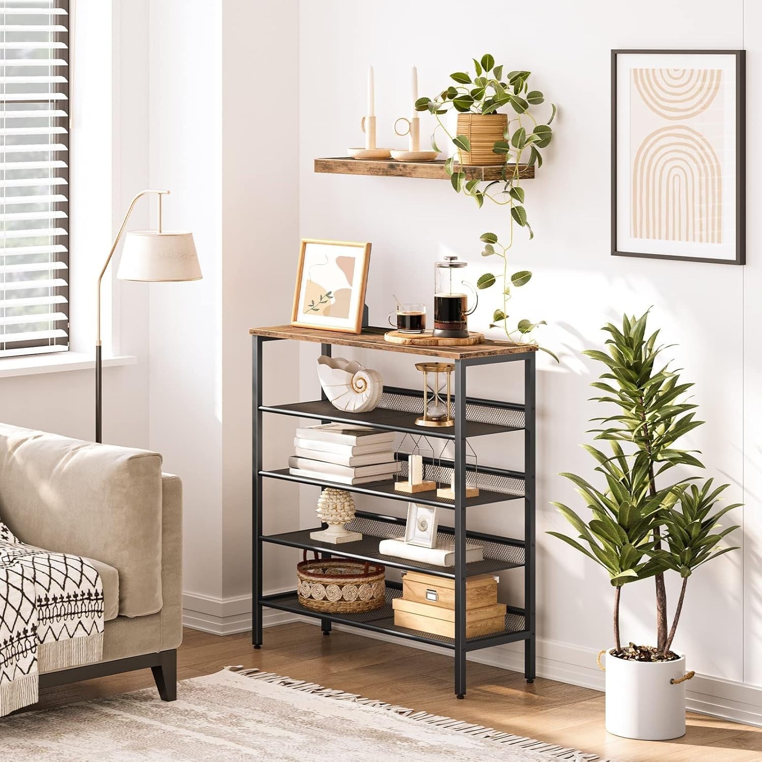5 Tier Industrial Shoe Rack Stand, Adjustable Shelves, 75cm Wide Unit