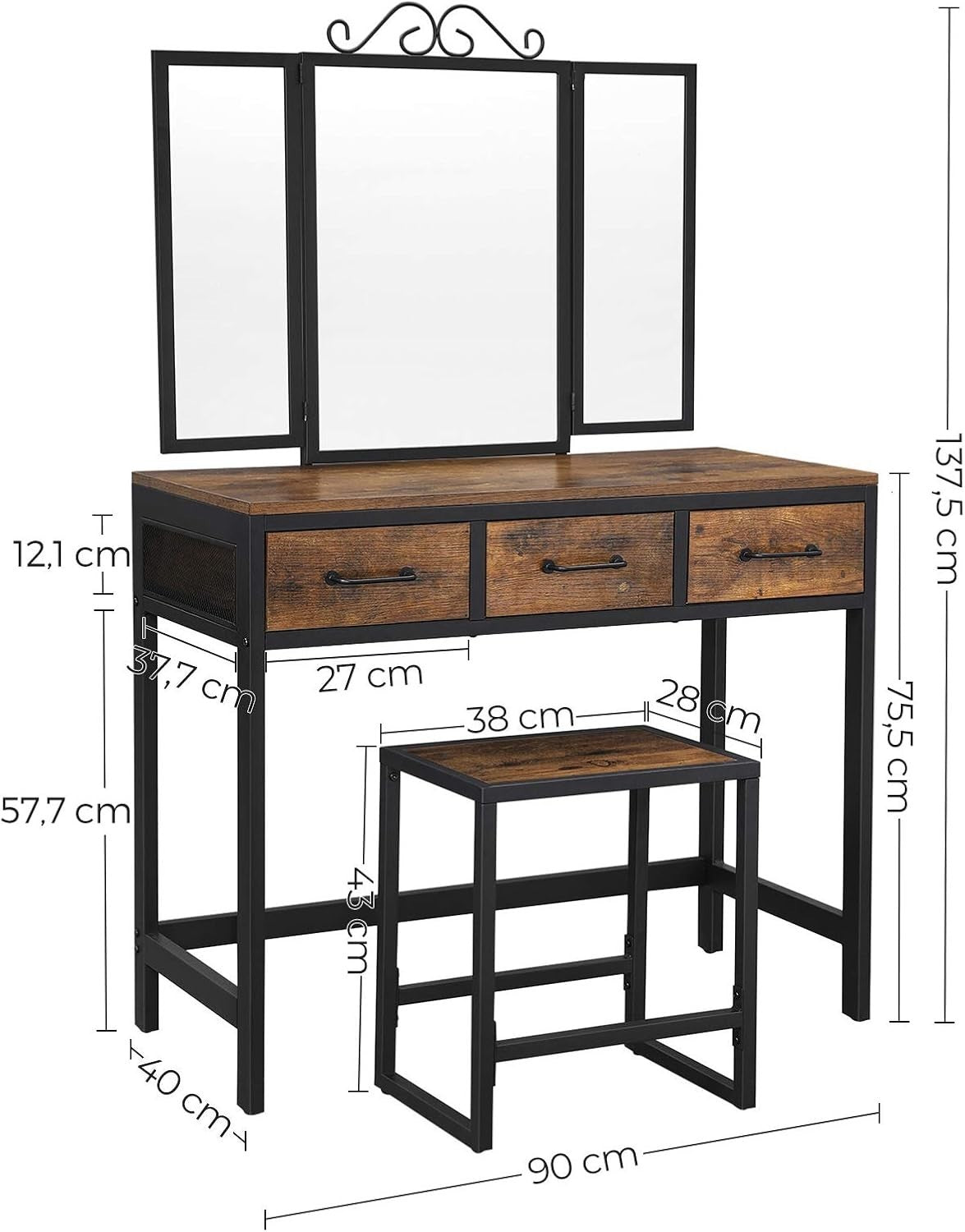 Rustic Dressing Table Vanity Set 3-Fold Mirror Stool Drawers Makeup Desk