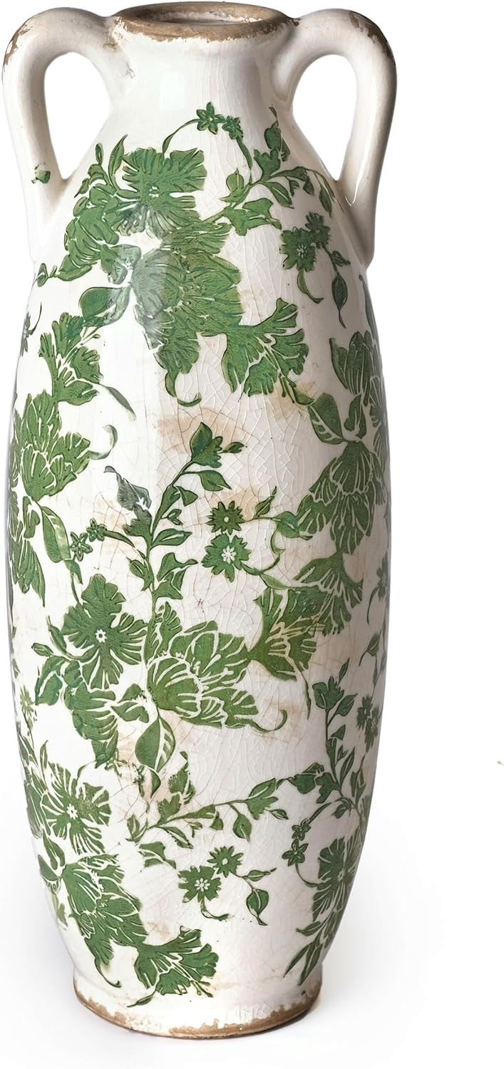 Tall Green White Ceramic Floor Vase for Pampas Grass Farmhouse Decor 13.8"