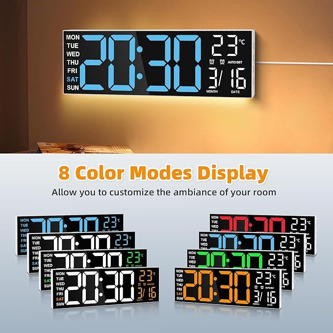 16" RGB Digital Wall Clock Large LED Display Temp Date Auto-DST Remote Dimmer
